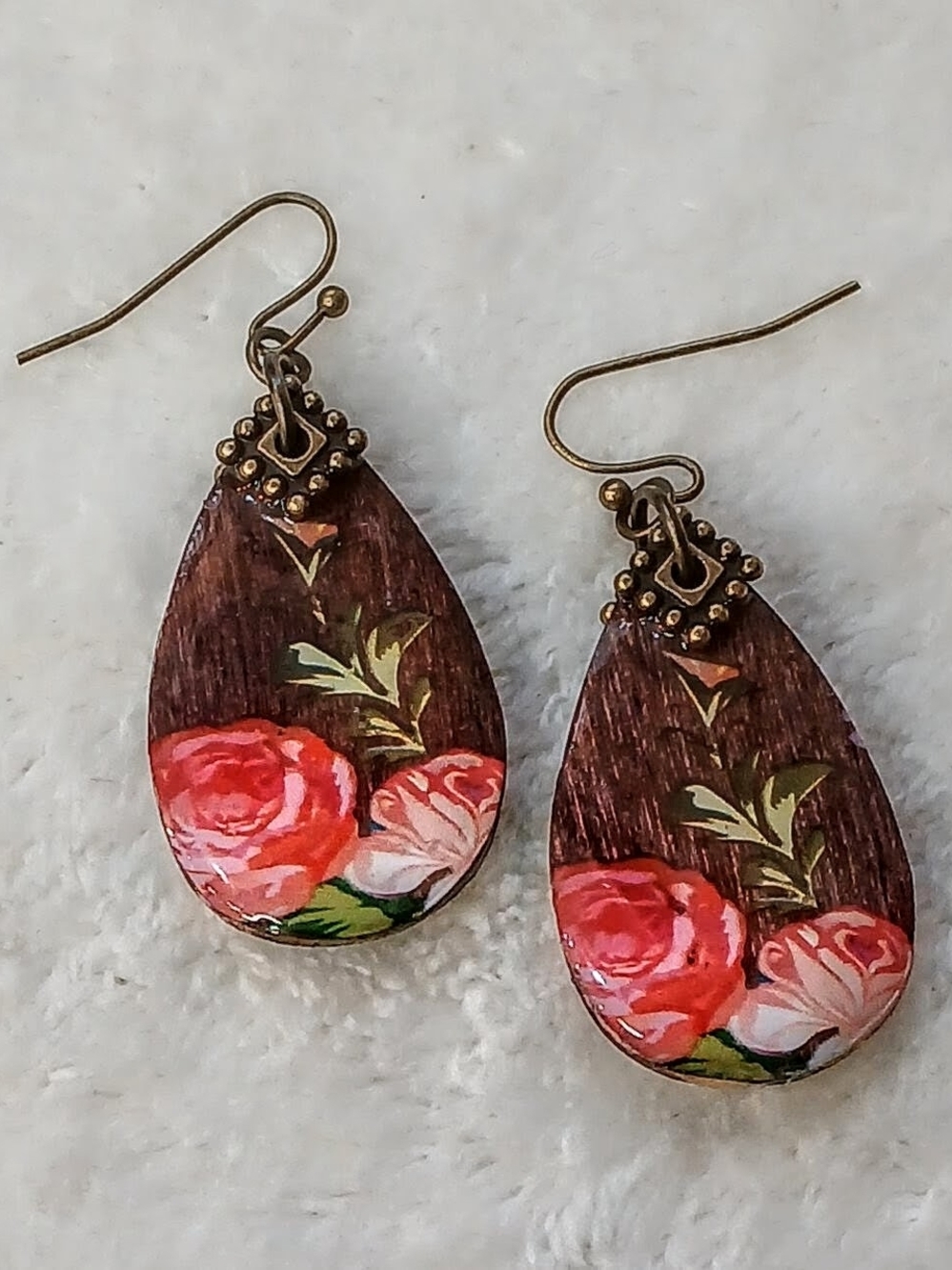 Handmade Floral Teardrop Earrings - Brown with Pink Roses